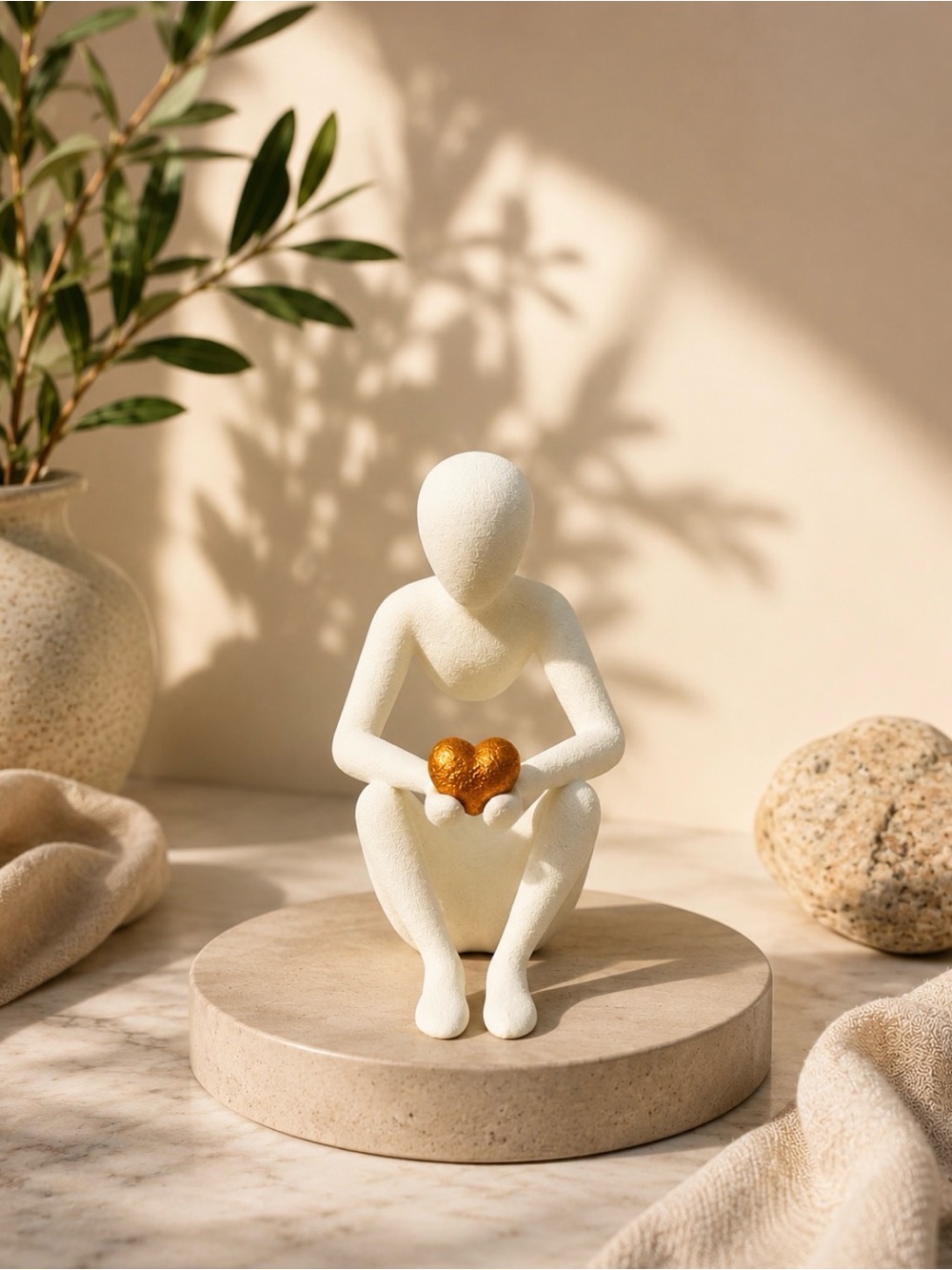 Minimalist White Figurine Holding Gold Heart
